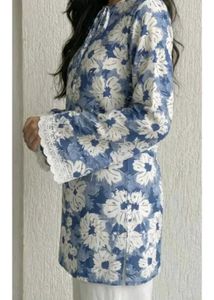Blue Floral Print Kurta with Lace
