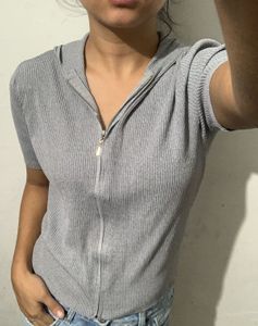 Grey Ribbed Short Sleeve Zip-Up Hoodie