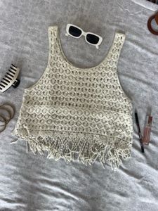 beachy Cream Crochet Fringe Tank Top