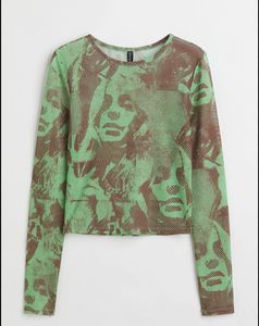 Green Graphic Mesh Long Sleeve Top