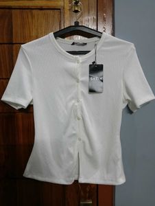SHEIN White Ribbed Button-Up Top