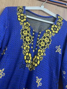 Blue Kurta set Yellow Floral details(woollen) 3 pi
