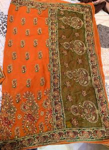 Orange Saree with Olive Green Border