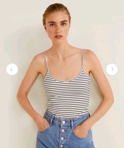 MANGO Women White & Black Striped Fitted Top
