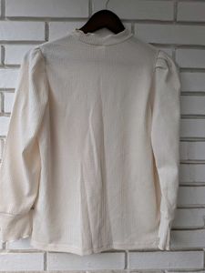 Cream Ribbed Mock Neck Puff Sleeve Top