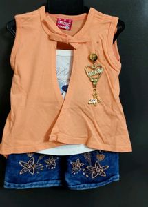 Cute Baby Girl's Peach Vest & Denim Shorts Set