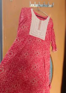 Red Printed Kurta with Embellished Neckline