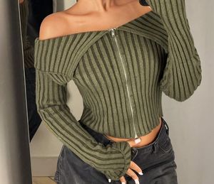 Ribbed Off-Shoulder Zip Top