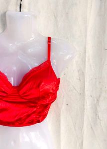 Satin Lace Trim Ruched Crop Top