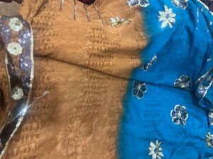 Elegant Blue &amp; Brown Floral Saree