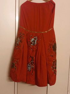 Red Ethnic skirt with Floral Handpaint