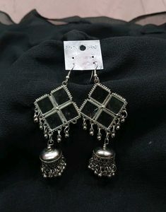 Geometric Oxidised Real Mirror Jhumka Earrings🖤