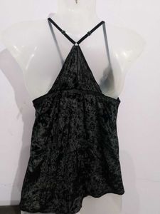 Black Velvet Cami Top with Lace Trim