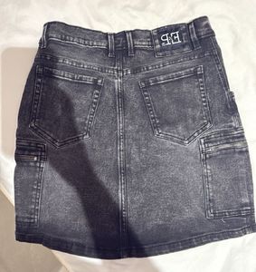 Grey Washed Denim Cargo Skirt