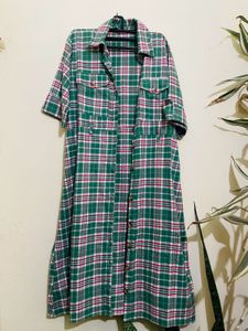 Women Green&amp; White Checked ShirtDress