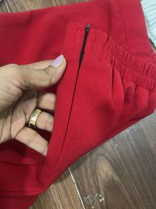 Chic Off-Shoulder White Top &amp; Red wide leg trouser
