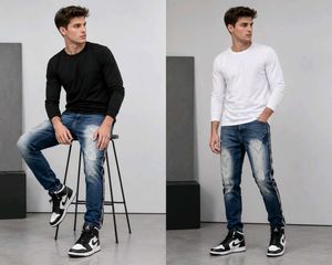 Distressed Blue Jeans with Side Stripe