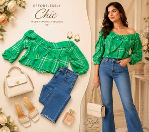 Chic Green Plaid Off-Shoulder Top