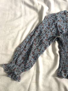 Blue Floral Smocked Square Neck Top