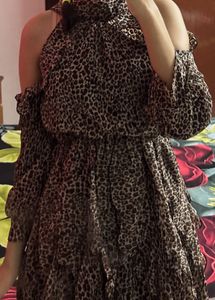 Leopard Print Cold Shoulder Ruffle Dress
