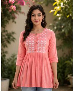 Pretty Peach Embroidered Kurti-All size
