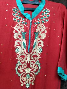 Embroidery Cotton Red kurti designer Rhinestone