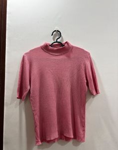 Pink Ribbed High Neck Half Sleeve Top