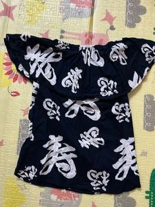 Off-Shoulder Navy Blue Top with White Print