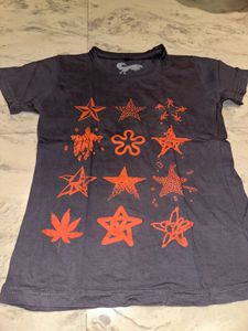 Grey T-Shirt with Orange Star Print