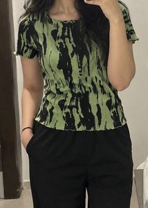 ONLY Green & Black Printed Ribbed Top