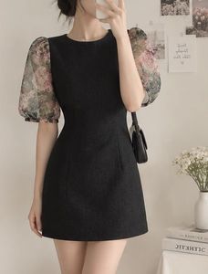 Chic Black Dress with Floral Puff Sleeves