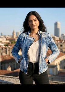 Men or Women Acid Wash Denim Biker Jacket