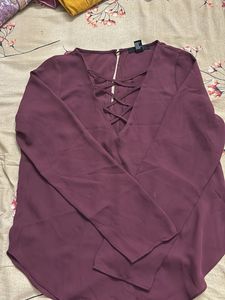 Plum Lace-Up Neckline Top