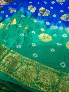 Blue &amp; Green Bandhani Saree