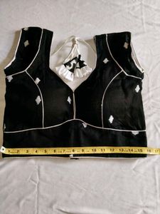 Black Embroidered Blouse with White Piping