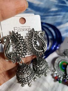 Peacock Earrings &amp; silver jhumka