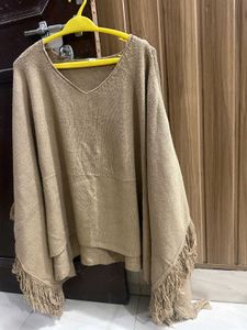 Beige Fringe Knit Poncho