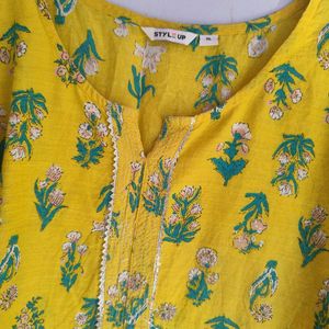 Yellow Floral Print Cotton Kurta