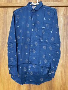Slimfit Blue Leaf Print Casual Shirt