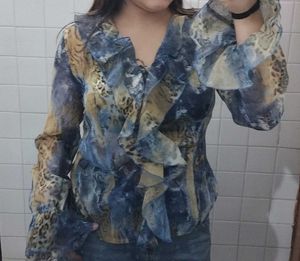 Y2K Ruffled Animal Print Blouse