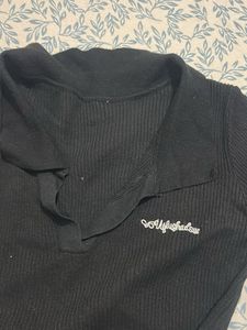 Cute Black Ribbed Polo Top