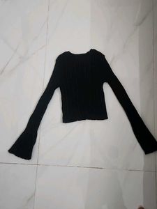 Black Ribbed Bell Sleeve Top
