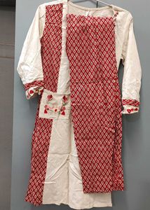 Cream and Red Embroidered Kurta