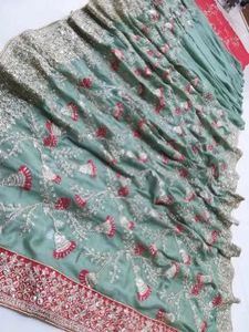 Embroidered olive Green Saree With Stitched Blouse