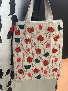 lotus print hand painted tote bag