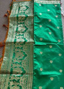 Royal Orange &amp; Emerald Green Zari Brocade Gujarati