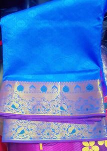 Vibrant Blue Silk Saree with Gold Border