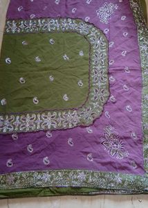 Embroidered green and purple Saree