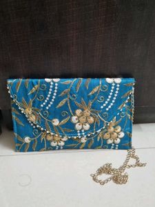 Embroidered Blue Clutch Bag
