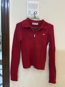 Chic Red Cable Knit Zipper Sweater